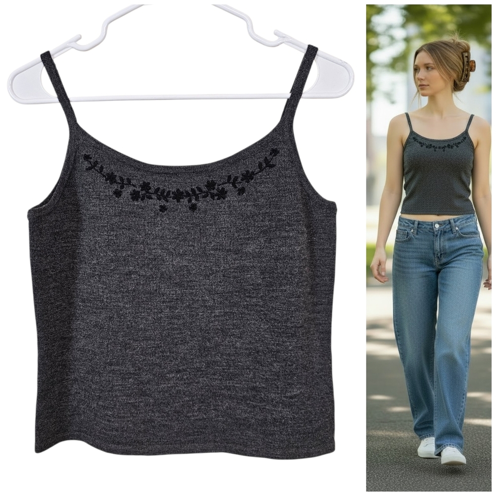 Vintage Ann Taylor Loft Merino Wool Tank Top Cropped Floral Embroidered Y2k